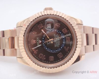 Rolex Sky-Dweller Rose Gold Replica Watch w/ Working Time Zone Brown Face